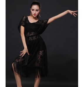 Black lace hollow loose short sleeves long length fringes women's ladies female performance competiiton latin samba cha cha salsa dance dresses with sashes